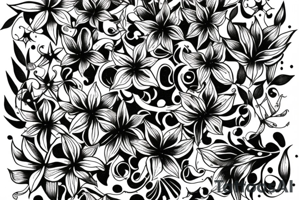 Quotation in typewriter font "non ducor, duco" surrounded by stargazing lilies tattoo idea