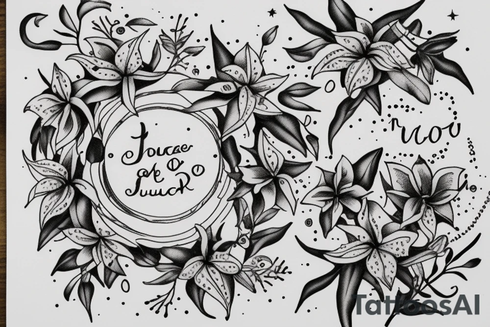 Quotation in typewriter font "non ducor, duco" surrounded by stargazing lilies tattoo idea