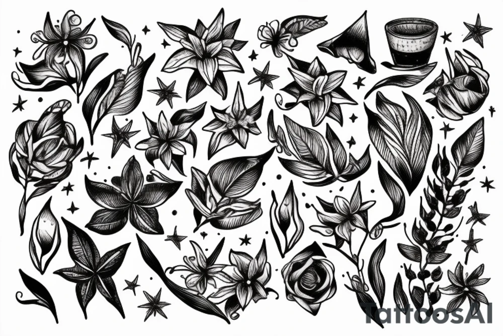 Quotation in typewriter font "non ducor, duco" surrounded by stargazing lilies tattoo idea