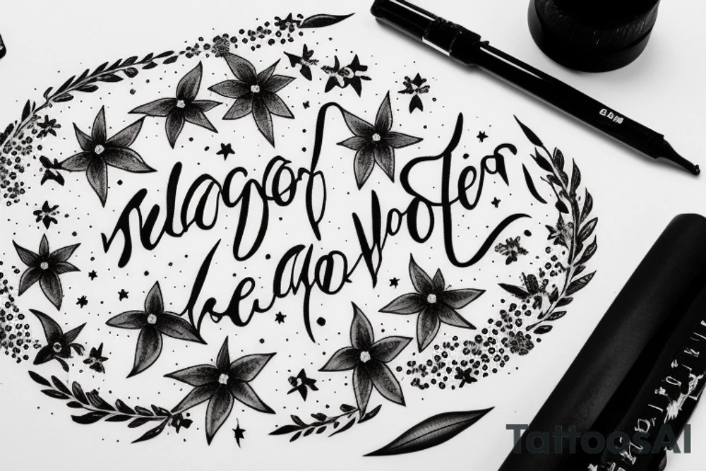 Quotation in typewriter font "non ducor, duco" surrounded by stargazing lilies tattoo idea