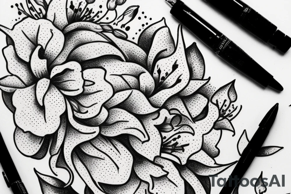 Quotation in typewriter font "non ducor, duco" surrounded by stargazing lilies tattoo idea