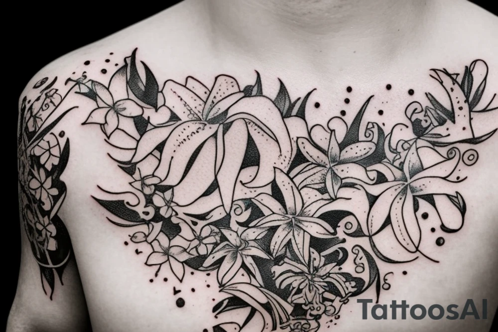 Quotation in typewriter font "non ducor, duco" surrounded by stargazing lilies tattoo idea