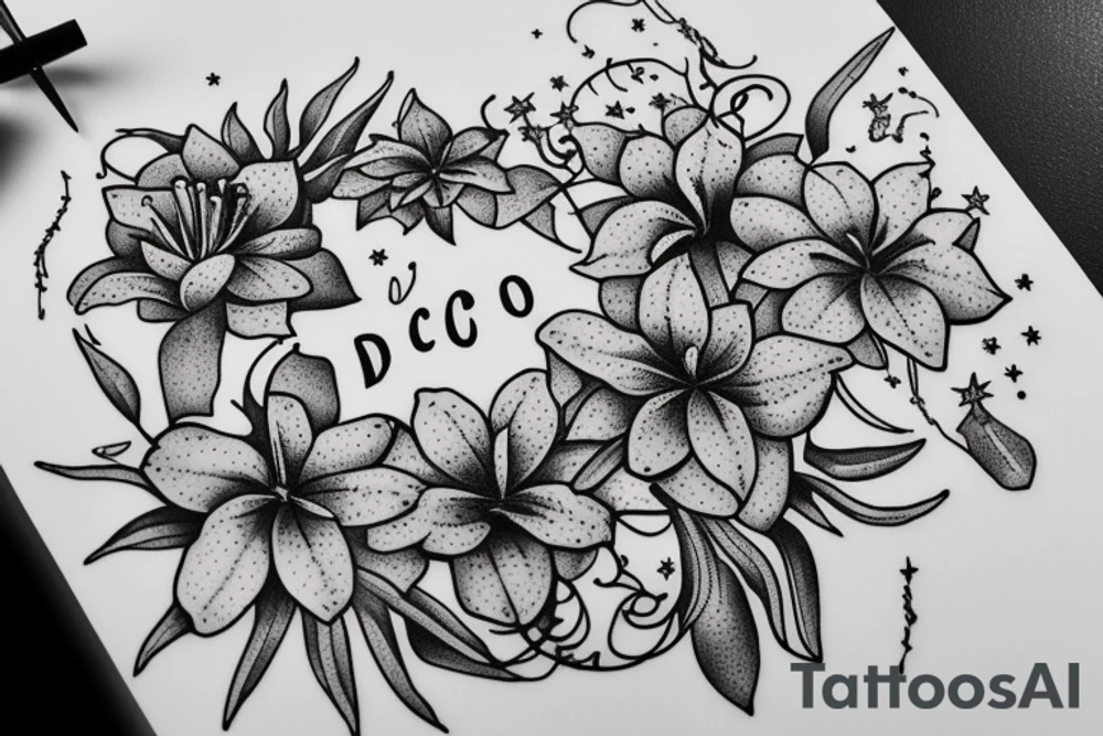 Quotation in typewriter font "non ducor, duco" surrounded by stargazing lilies tattoo idea