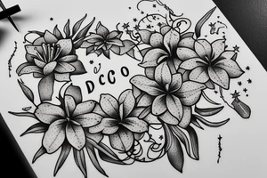 Quotation in typewriter font "non ducor, duco" surrounded by stargazing lilies tattoo idea