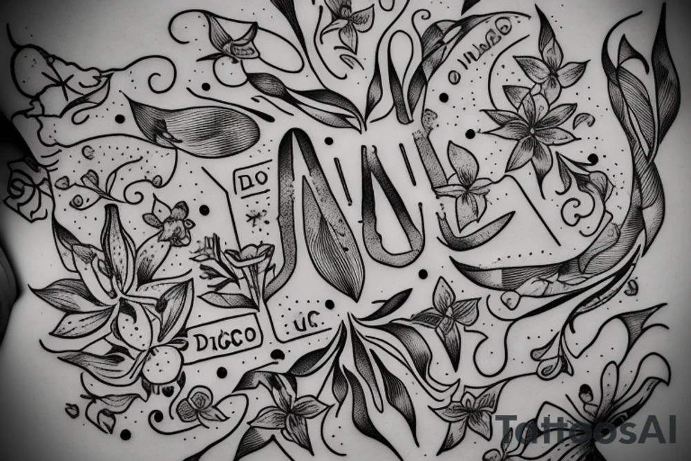 Quotation in typewriter font "non ducor, duco" surrounded by stargazing lilies tattoo idea