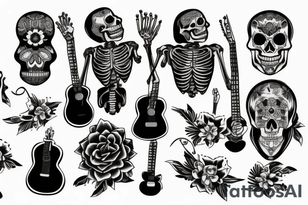 Clothed skeleton playing guitar tattoo idea