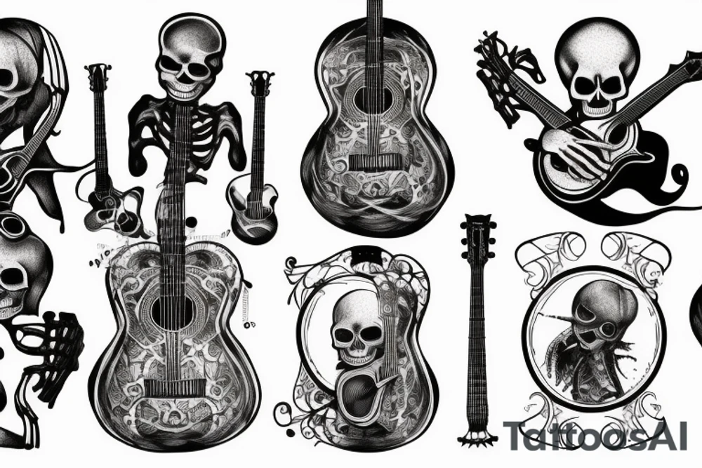 Clothed skeleton playing guitar tattoo idea