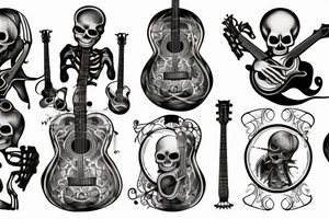 Clothed skeleton playing guitar tattoo idea