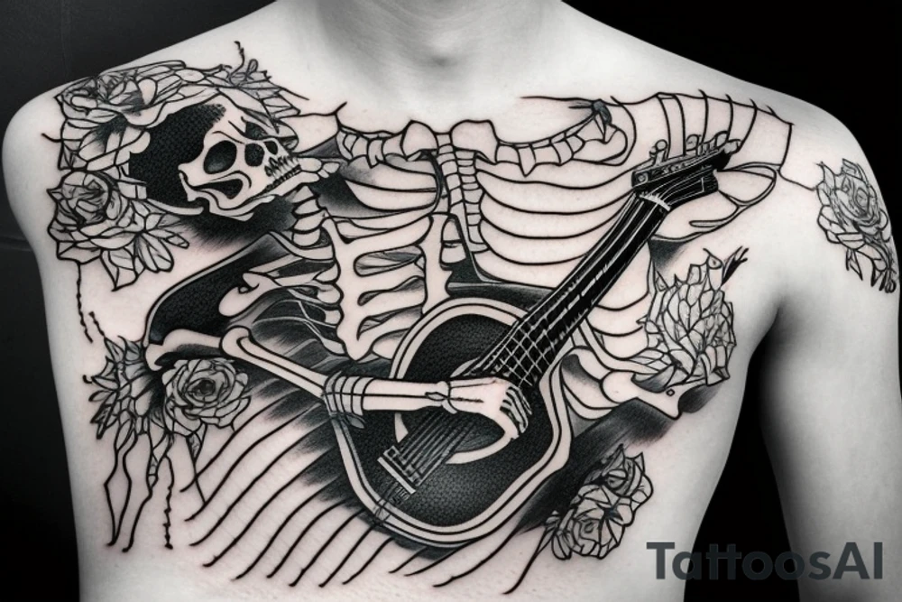 Clothed skeleton playing guitar tattoo idea