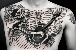 Clothed skeleton playing guitar tattoo idea