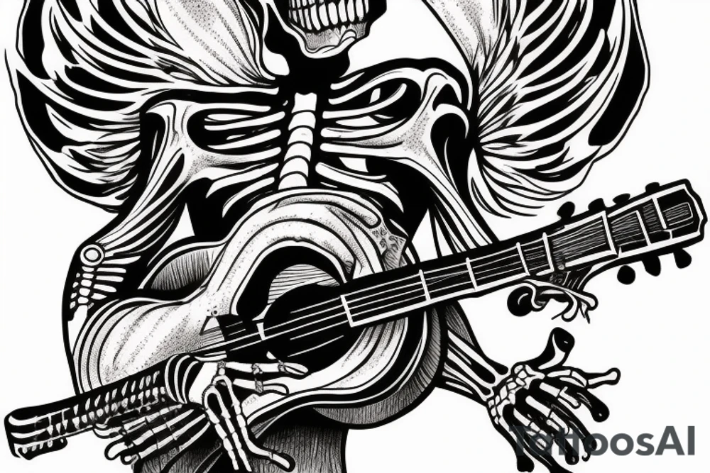 Clothed skeleton playing guitar tattoo idea
