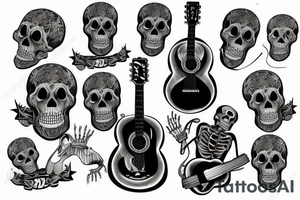 Clothed skeleton playing guitar tattoo idea