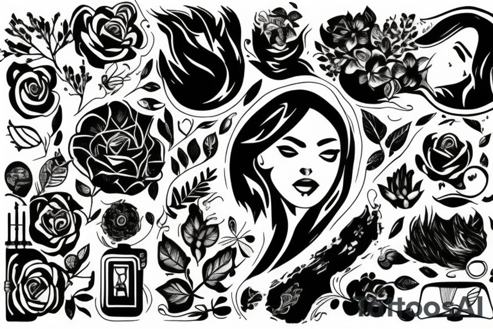 strong woman surrounded by technology and nature tattoo idea