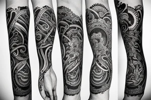 The words of the eightfold path spiralling around forearm tattoo idea