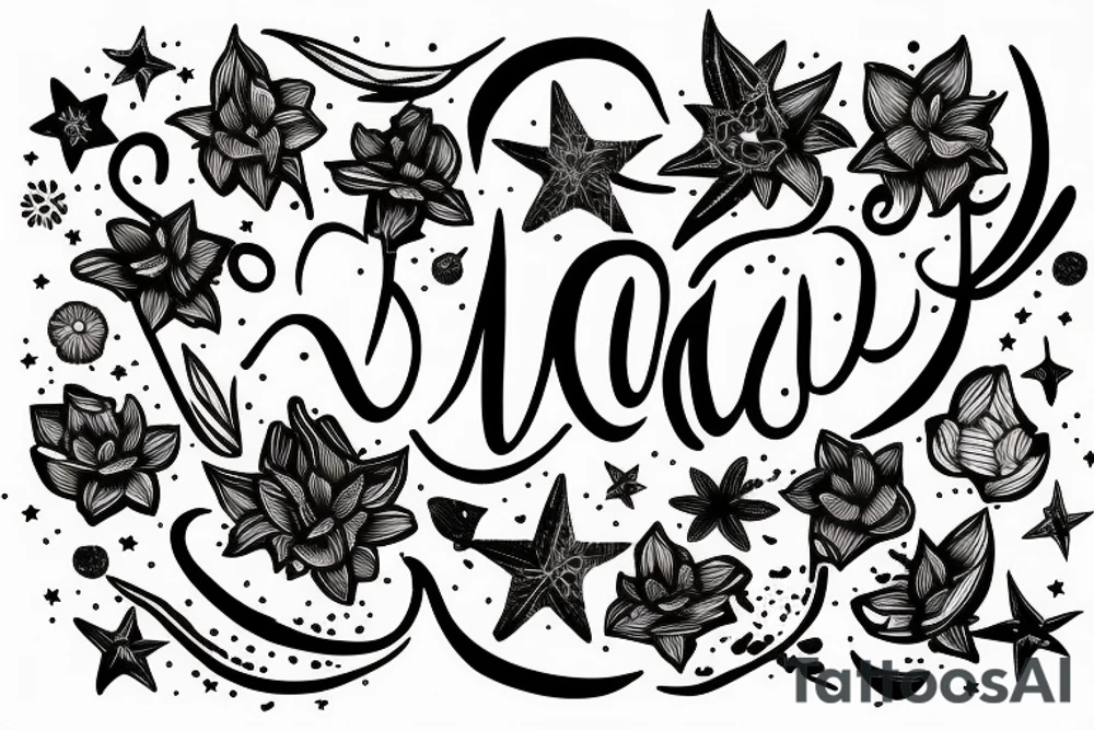 latin inspired, quotation "non ducor, duco" in type writer font surrounded by stars, a mouse and lilies tattoo idea