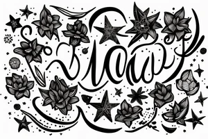 latin inspired, quotation "non ducor, duco" in type writer font surrounded by stars, a mouse and lilies tattoo idea