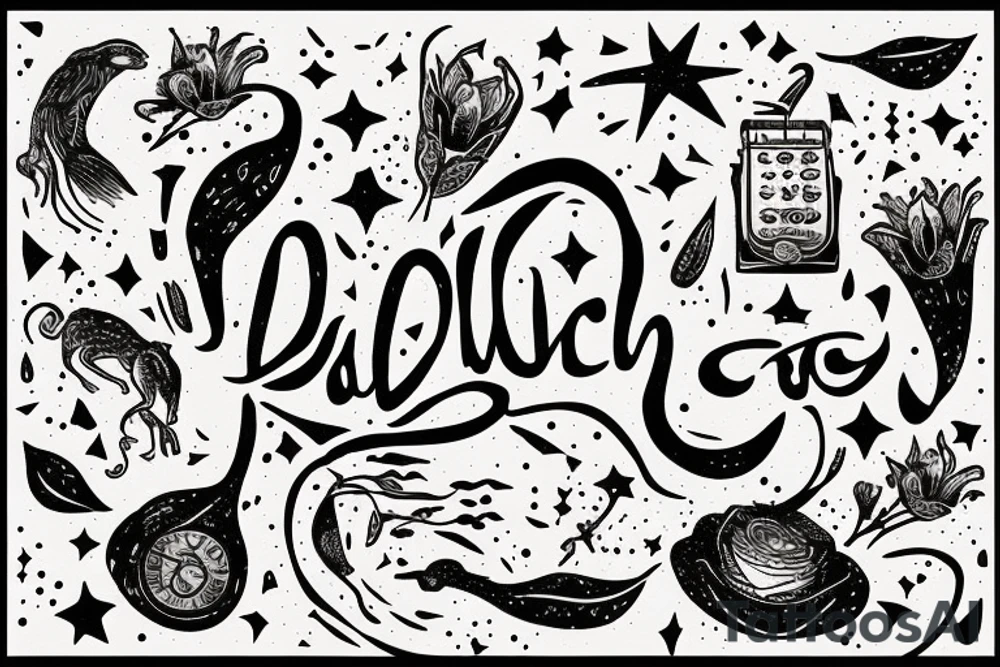 latin inspired, quotation "non ducor, duco" in type writer font surrounded by stars, a mouse and lilies tattoo idea