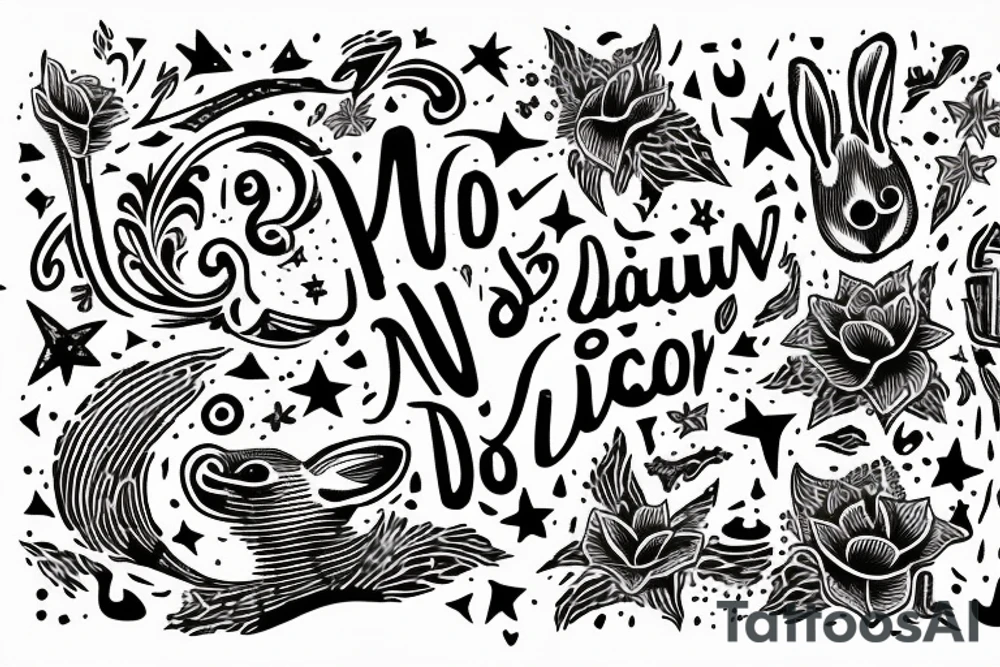 latin inspired, quotation "non ducor, duco" in type writer font surrounded by stars, a mouse and lilies tattoo idea