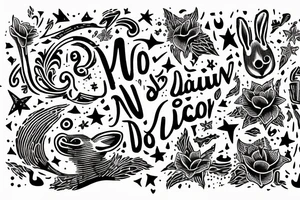 latin inspired, quotation "non ducor, duco" in type writer font surrounded by stars, a mouse and lilies tattoo idea