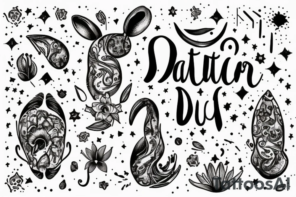 latin inspired, quotation "non ducor, duco" in type writer font surrounded by stars, a mouse and lilies tattoo idea