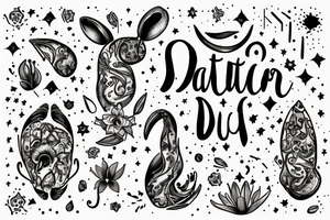 latin inspired, quotation "non ducor, duco" in type writer font surrounded by stars, a mouse and lilies tattoo idea
