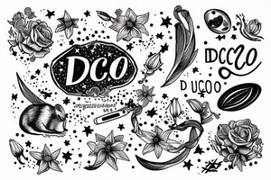 latin inspired, quotation "non ducor, duco" in type writer font surrounded by stars, a mouse and lilies tattoo idea