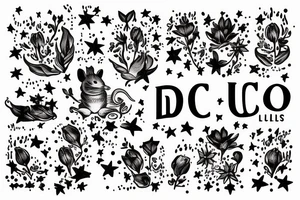 quotation "non ducor, duco" in type writer font surrounded by stars, a mouse and lilies tattoo idea