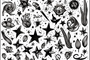 quotation "non ducor, duco" in type writer font surrounded by stars, a mouse and lilies tattoo idea