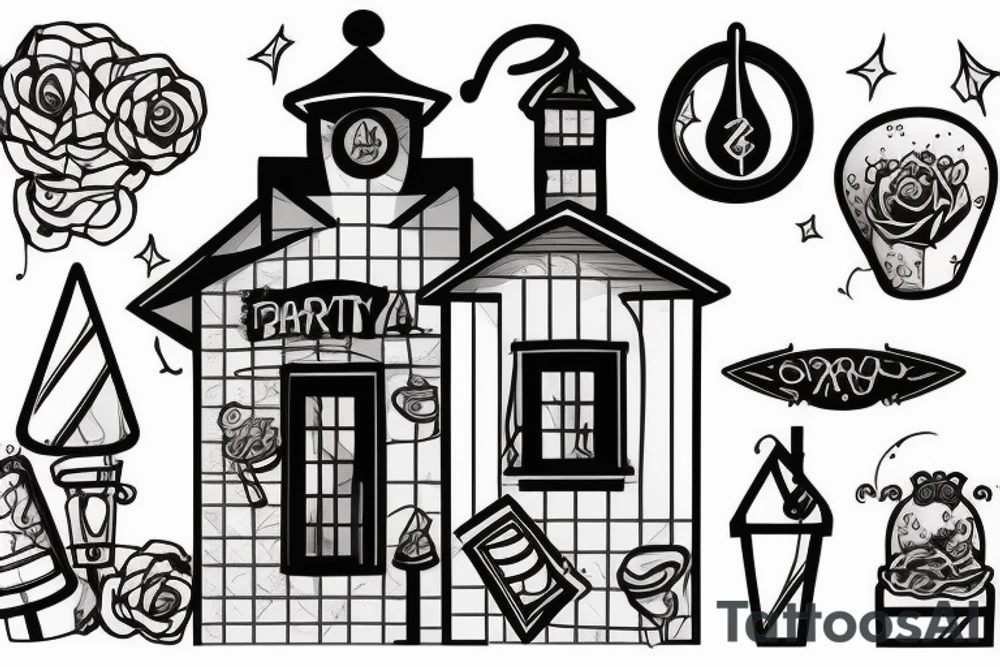 A small house with a party going on inside tattoo idea