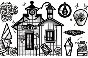 A small house with a party going on inside tattoo idea