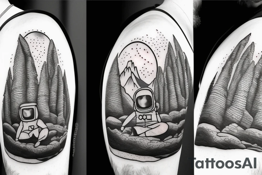 Meditating Astronaut encircled by trees and mountains tattoo idea