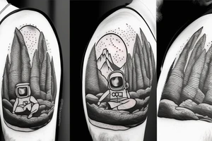Meditating Astronaut encircled by trees and mountains tattoo idea