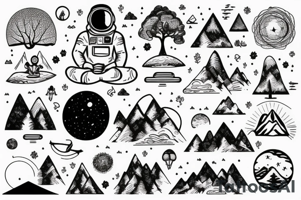 Meditating Astronaut encircled by trees and mountains tattoo idea