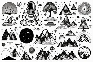 Meditating Astronaut encircled by trees and mountains tattoo idea