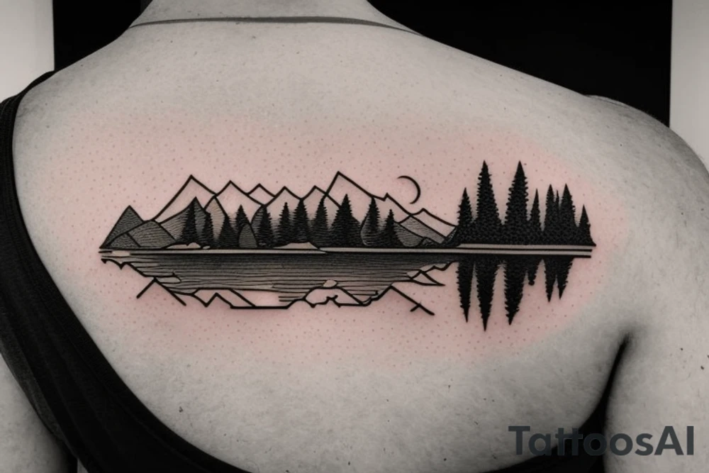 Astronaut sitting by a lake meditating with pine trees and mountains in the background tattoo idea