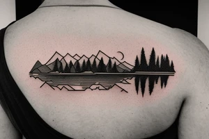 Astronaut sitting by a lake meditating with pine trees and mountains in the background tattoo idea