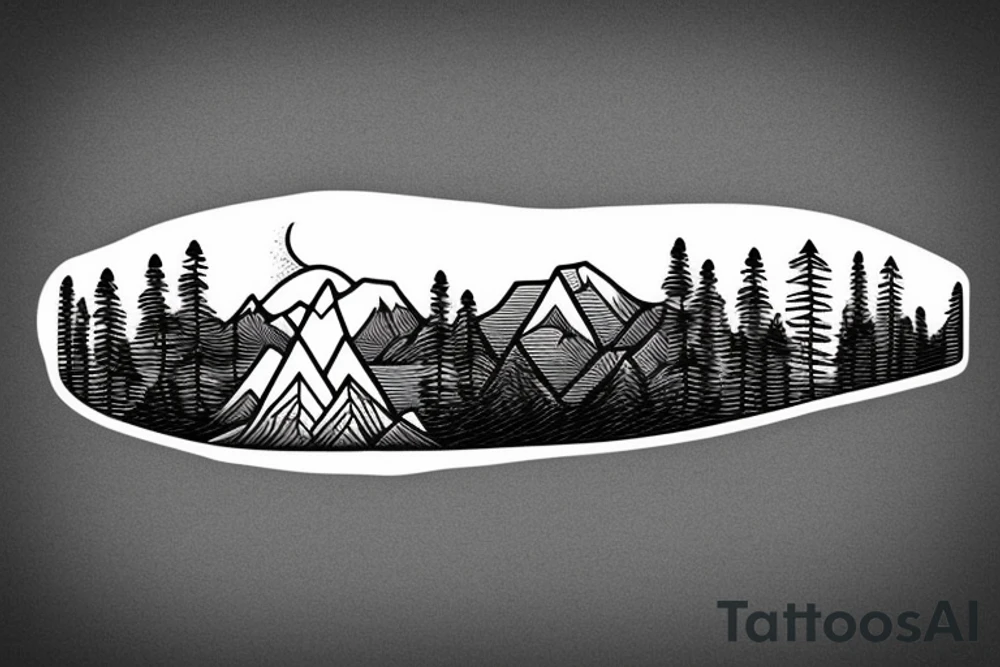 Astronaut sitting by a lake meditating with pine trees and mountains in the background tattoo idea