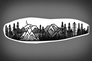 Astronaut sitting by a lake meditating with pine trees and mountains in the background tattoo idea
