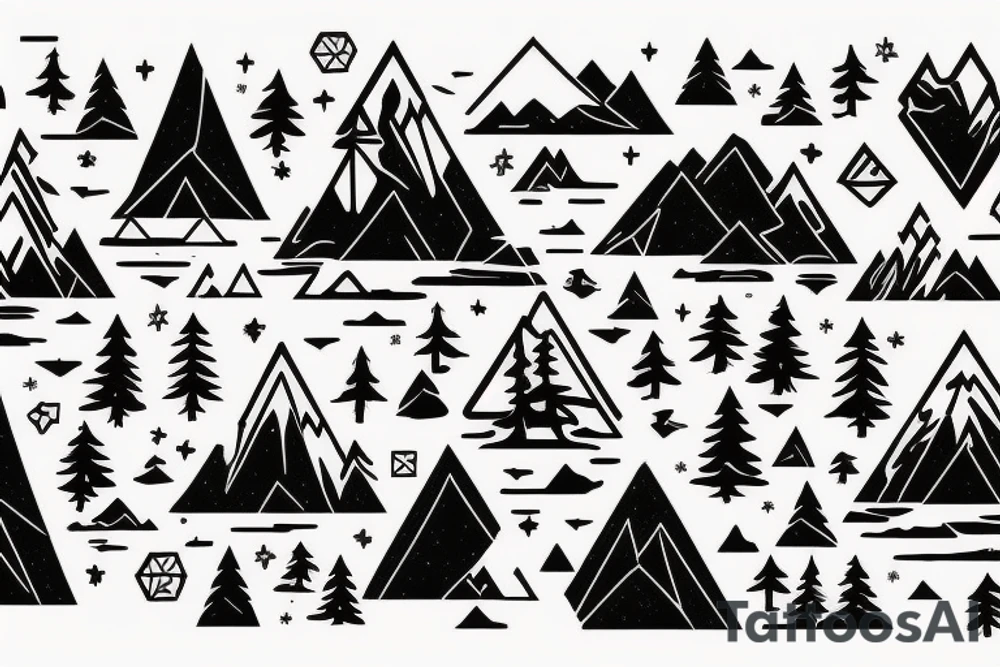 Astronaut sitting by a lake meditating with pine trees and mountains in the background tattoo idea