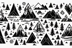 Astronaut sitting by a lake meditating with pine trees and mountains in the background tattoo idea
