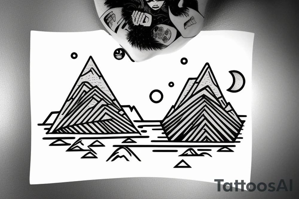 Astronaut sitting by a lake meditating with pine trees and mountains in the background tattoo idea