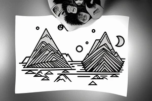 Astronaut sitting by a lake meditating with pine trees and mountains in the background tattoo idea