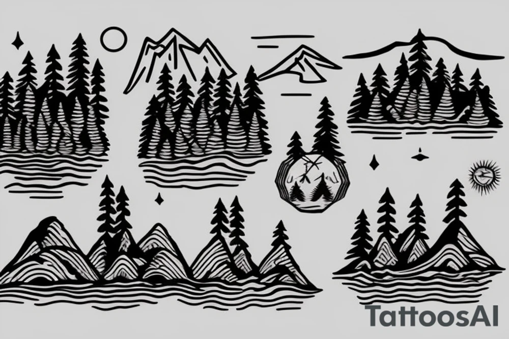 Astronaut sitting by a lake meditating with pine trees and mountains in the background tattoo idea