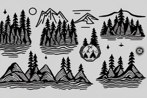 Astronaut sitting by a lake meditating with pine trees and mountains in the background tattoo idea