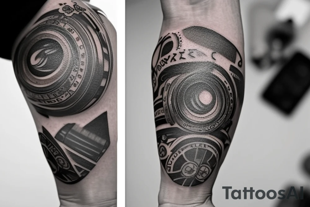 a stylized camera lens with a film strip wrapped around it. The lens could be intricately shaded and detailed, while the film strip could be inked in an eye-catching color. The tattoo could be a reminder of the artistry and creativity of the craft, as well as a symbol of the person’s commitment to their profession. tattoo idea