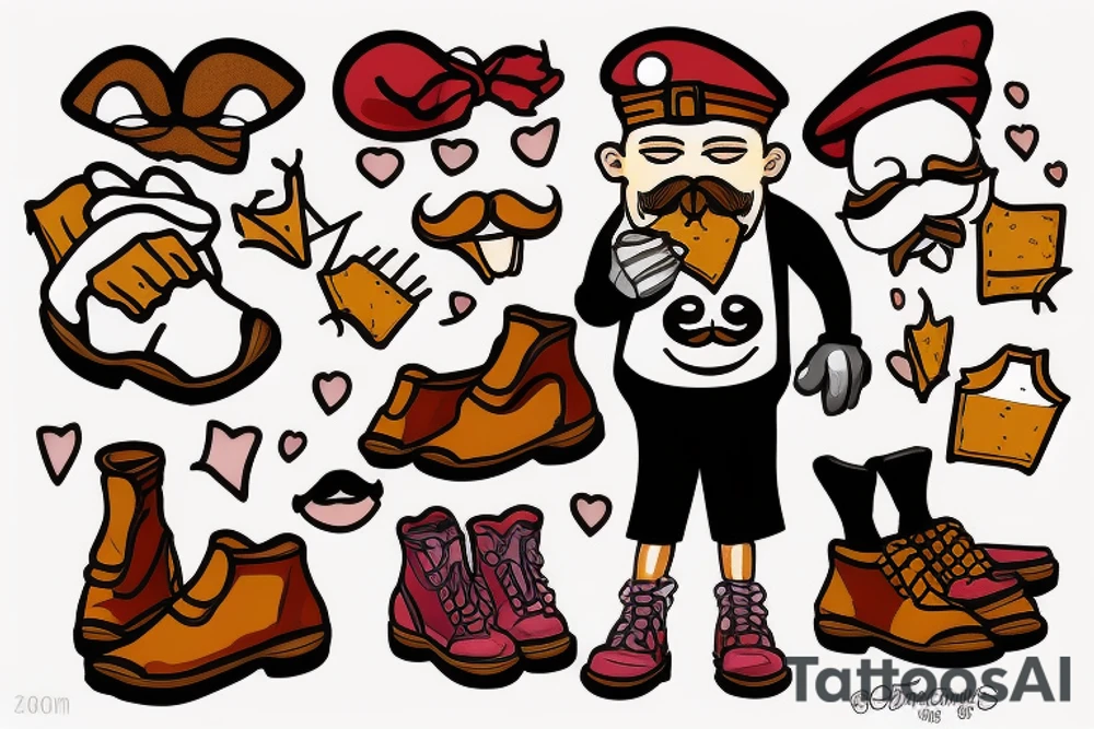 piece of french toast with a face and mustache wearing a beret, shoes, gloves, kneck scarf tattoo idea