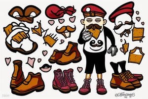piece of french toast with a face and mustache wearing a beret, shoes, gloves, kneck scarf tattoo idea