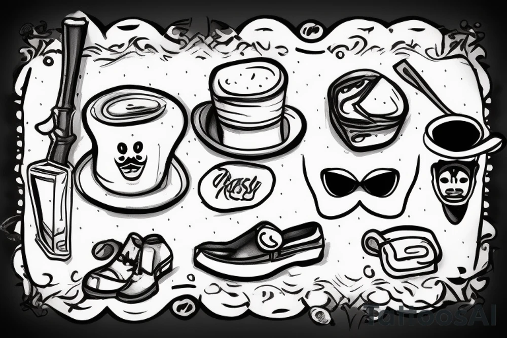 piece of french toast with a face and mustache wearing a beret, shoes, gloves, kneck scarf tattoo idea
