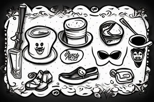 piece of french toast with a face and mustache wearing a beret, shoes, gloves, kneck scarf tattoo idea