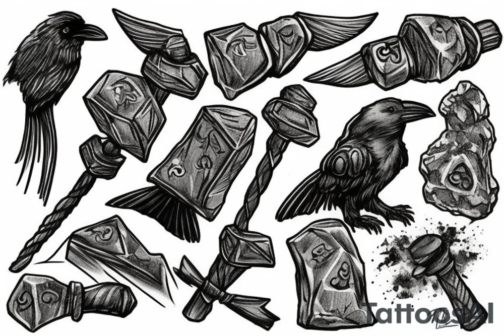 Thors hammer in rocks with odins ravens tattoo idea